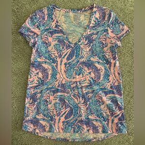 Lilly Pulitzer Pink and Blue Patterned Short Sleeve Tee